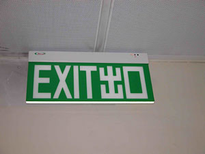 A wall-mounted EXIT sign. The text above describes the image.